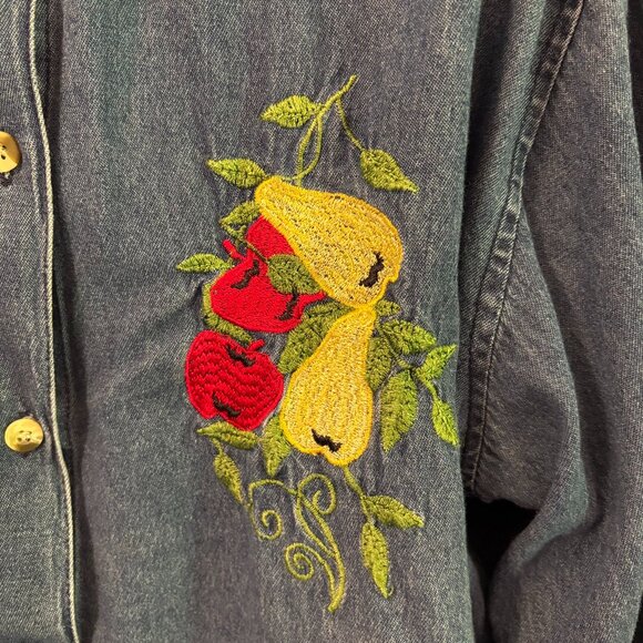 Collections Etc Vintage Fruit Embroidered Chambray 3/4 Sleeve Button Up - Picture 2 of 7